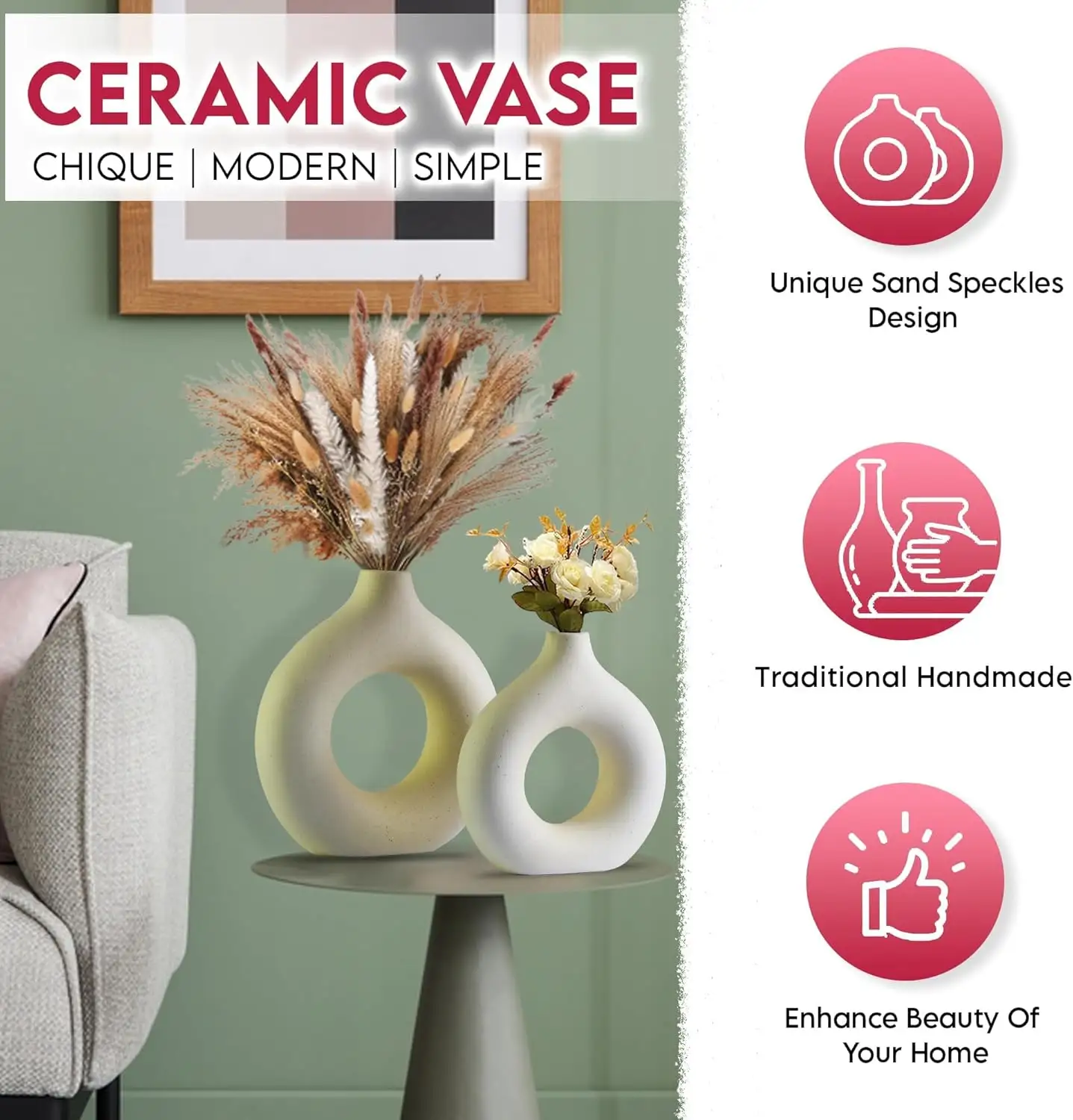 مزهرية بريبي سيراميك فاخرة، 3قطع - أبيض - الصورة 4